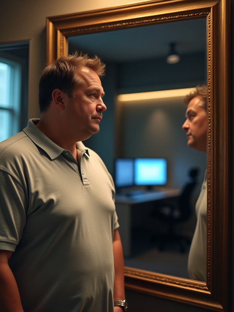 Homem acima do peso Narcisista com aproximadamente 38 anos com camisa polo olhando seu relexo junto ao espelho