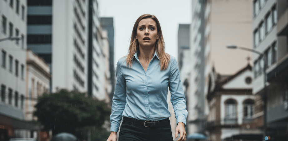 A imagem exibe uma mulher com cabelos loiros, vestindo uma camisa social azul clara e calças escuras, andando rapidamente pelo meio de uma rua urbana movimentada. Sua expressão facial é de claro pânico e ansiedade, com os olhos arregalados e a boca ligeiramente aberta, transmitindo um sentimento de urgência e desorientação. Ela carrega uma bolsa ou pasta preta na mão esquerda, sugerindo que estava em meio a uma atividade diária. O cenário é uma rua de cidade, que remete a um centro urbano como o de Mogi das Cruzes, com edifícios altos, carros (incluindo táxis amarelos ao fundo) e pedestres em segundo plano. O chão molhado e a luz difusa indicam um dia nublado ou chuvoso, intensificando a atmosfera de vulnerabilidade e mal-estar. A perspectiva da câmera está ao nível da rua, focando na mulher em movimento, o que amplifica a sensação de sua corrida contra a própria ansiedade em um ambiente indiferente. A imagem serve como um forte lembrete da prevalência das crises de pânico e da necessidade de acesso a apoio para a saúde mental na região.