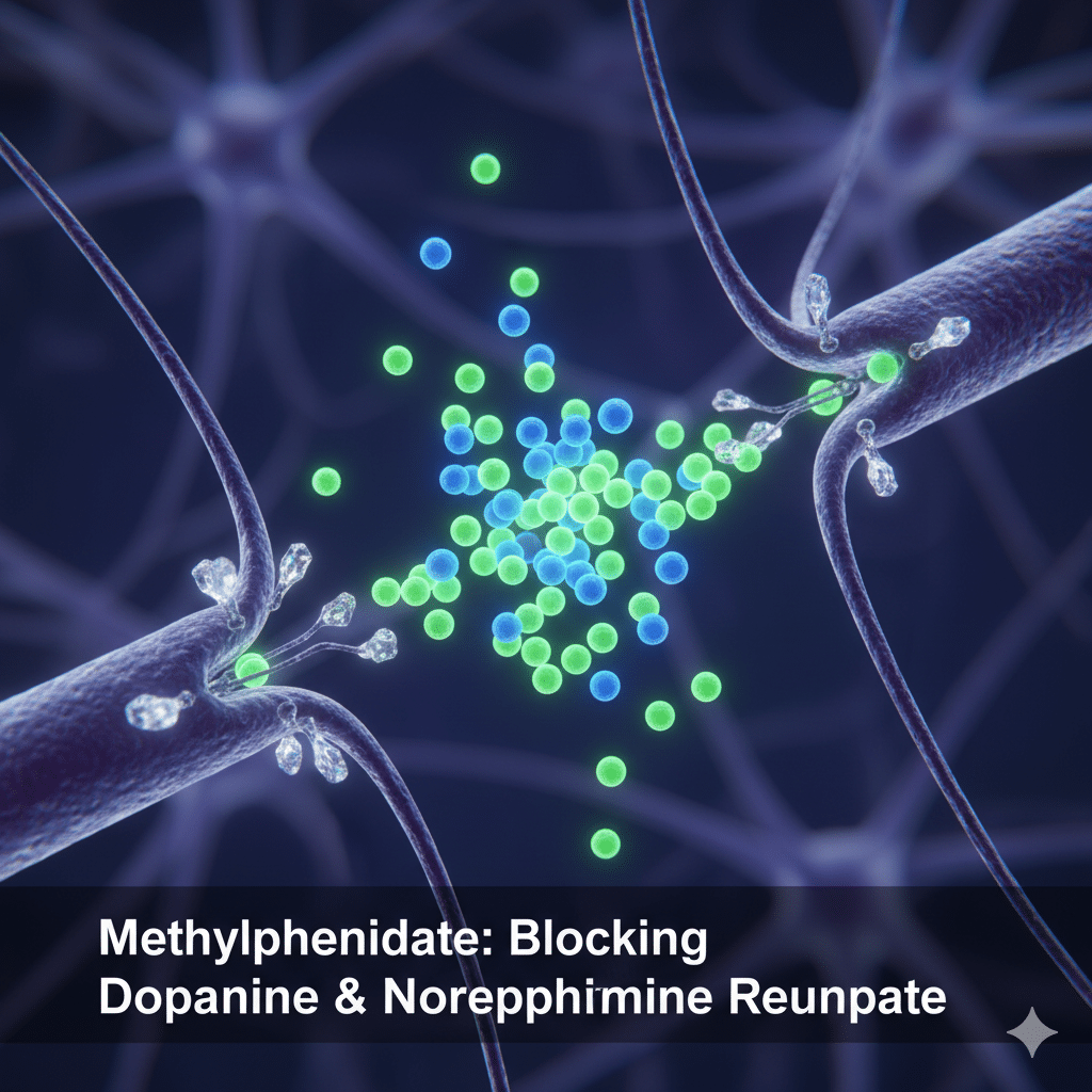 Ilustração simplificada de uma sinapse cerebral mostrando a ação do metilfenidato bloqueando a recaptação de dopamina e norepinefrina, melhorando o foco no tratamento de TDAH.